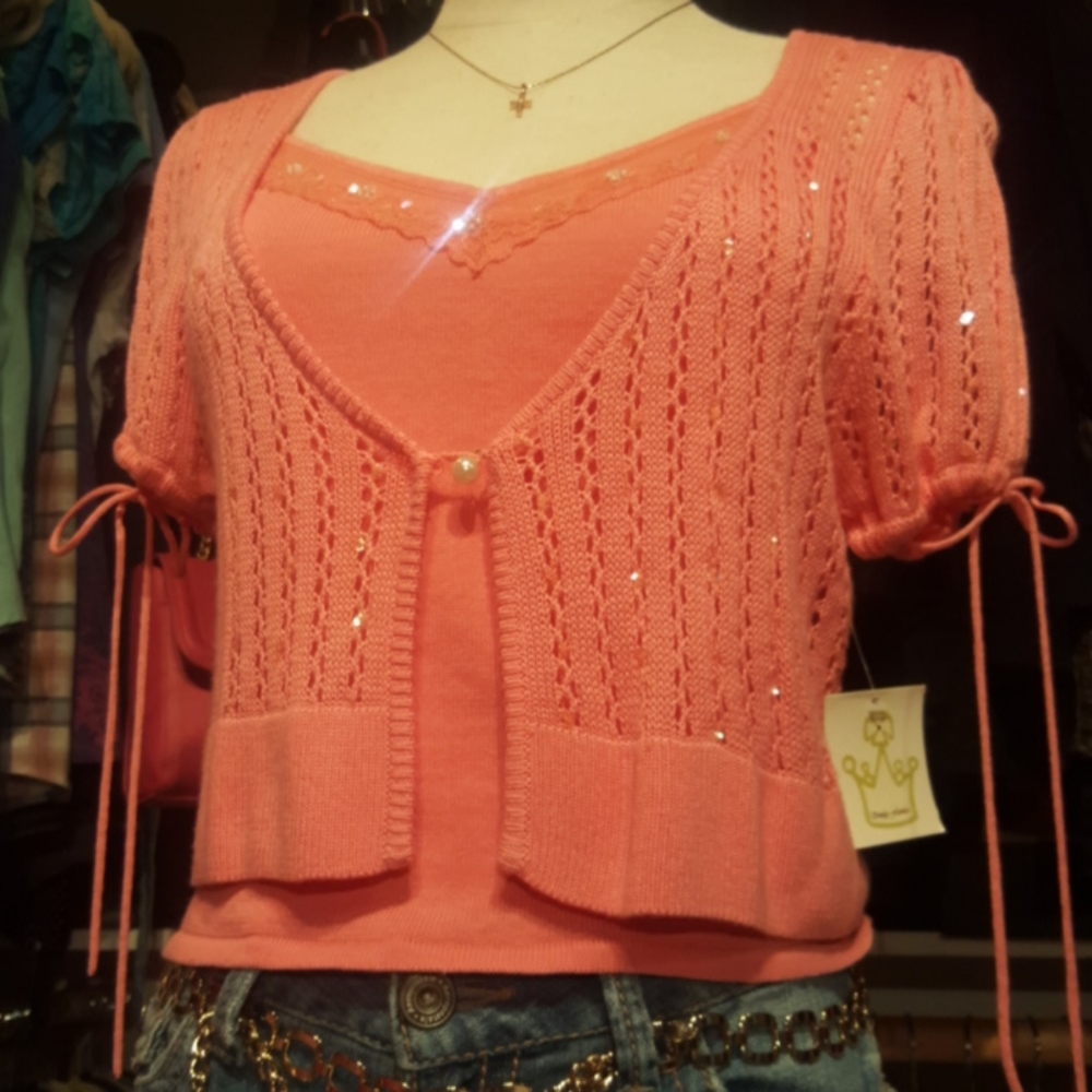 SIMPLY FLAWLESS ♡ Gorgeous Coral Knit 2pc Embroidered Elegant Sequin Tops S/L